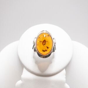 Silver Amber Ring Poland Oval Cabochon Leave Pattern on Shank Size 7